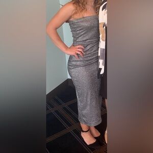 HYFVE Silver Glitter Strapless Midi Dress
